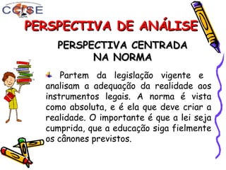 PERSPECTIVA DE ANÁLISEPERSPECTIVA DE ANÁLISE
PERSPECTIVA CENTRADAPERSPECTIVA CENTRADA
NA NORMANA NORMA
Partem da legislação vigente e
analisam a adequação da realidade aos
instrumentos legais. A norma é vista
como absoluta, e é ela que deve criar a
realidade. O importante é que a lei seja
cumprida, que a educação siga fielmente
os cânones previstos.
 