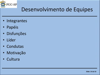 Desenvolvimento de Equipes
• Integrantes
• Papéis
• Disfunções
• Líder
• Condutas
• Motivação
• Cultura
Slide: 14 de 53
 
