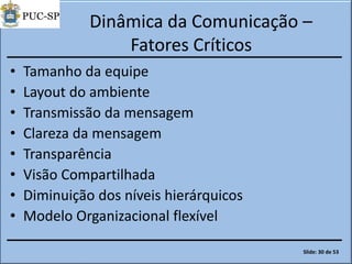 Dinâmica da Comunicação –
Fatores Críticos
• Tamanho da equipe
• Layout do ambiente
• Transmissão da mensagem
• Clareza da mensagem
• Transparência
• Visão Compartilhada
• Diminuição dos níveis hierárquicos
• Modelo Organizacional flexível
Slide: 30 de 53
 