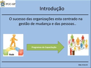 Introdução
O sucesso das organizações esta centrado na
gestão de mudança e das pessoas..
Atiude
Programas de Capacitação
Slide: 35 de 53
 