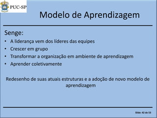 Modelo de Aprendizagem
Senge:
• A liderança vem dos líderes das equipes
• Crescer em grupo
• Transformar a organização em ambiente de aprendizagem
• Aprender coletivamente
Redesenho de suas atuais estruturas e a adoção de novo modelo de
aprendizagem
Slide: 42 de 53
 