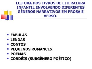 FÁBULAS LENDAS CONTOS PEQUENOS ROMANCES POEMAS CORDÉIS (SUBGÊNERO POÉTICO) LEITURA DOS LIVROS DE LITERATURA INFANTIL ENVOLVENDO DIFERENTES GÊNEROS NARRATIVOS EM PROSA E VERSO :  