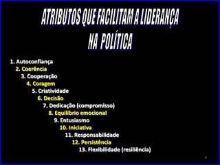 1. Autoconfiança
   2. Coerência
      3. Cooperação
         4. Coragem
            5. Criatividade
               6. Decisão
                  7. Dedicação (compromisso)
                     8. Equilíbrio emocional
                        9. Entusiasmo
                           10. Iniciativa
                             11. Responsabilidade
                                12. Persistência
                                    13. Flexibilidade (resiliência)
                                                                      4
 