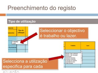 Preenchimento do registoTipo de utilizaçãoSeleccionar o objectivo é trabalho ou lazer.Selecciona a utilização especifica para cada situação.