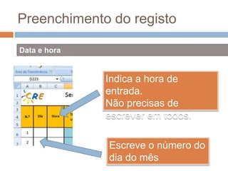 Preenchimento do registoData e horaIndica a hora de entrada. Não precisas de escrever em todos.Escreve o número do dia do mês