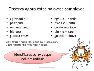 Observa agora estas palavras complexas: 
• agronomia 
• psicopata 
• ovnimaníaco 
• biólogo 
• guarda-chuva 
• agr + o + nomia 
• psic + o + pata 
• ovni + maníaco 
• bio + o + logo 
• guarda + chuva 
agr = campo / -nomia = lei, regra / psic = alma, espírito 
/ pata = doente / bio = vida / logo = estudo 
Identifica as palavras que 
incluem radicais. 
Professora Vanda Barreto 5 
 