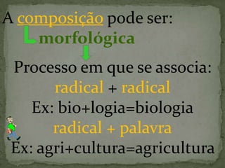 A composição pode ser:
morfológica
Processo em que se associa:
radical + radical
Ex: bio+logia=biologia
radical + palavra
Ex: agri+cultura=agricultura
 