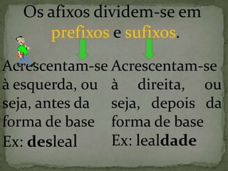 Os afixos dividem-se em
prefixos e sufixos.
Acrescentam-se
à esquerda, ou
seja, antes da
forma de base
Ex: desleal
Acrescentam-se
à direita, ou
seja, depois da
forma de base
Ex: lealdade
 