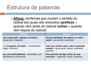 Estrutura de palavras
 Afixos: morfemas que mudam o sentido do
radical aos quais são anexados (prefixos –
quando vêm antes do radical/ sufixo – quando
vêm depois do radical)
Prefixos Sufixos
des (separação, negação, privação) -
desgoverno, desgosto
Vel (possibilidade de praticar ou sofrer
ação) – governável, suportável
i, in (negação, privação) - insustentável,
ilegal, incômodo
Ante (que pratica ação, indica qualidade,
estado) – governante, doente, resistente,
ajudante
pre, pré (antecedência) - premeditar, pré-
adolescente, preconceito
Oso (provido de algo, cheio de, que
provoca) - orgulhoso, furioso, desejoso,
 