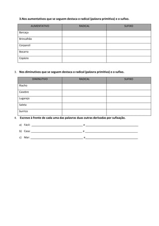 3.Nos aumentativos que se seguem destaca o radical (palavra primitiva) e o sufixo.

                 AUMENTATIVO                     RADICAL                             SUFIXO

     Barcaça

     Brincalhão

     Corpanzil

     Bocarra

     Copázio



3. Nos diminutivos que se seguem destaca o radical (palavra primitiva) e o sufixo.

                  DIMINUTIVO                     RADICAL                             SUFIXO

     Riacho

     Casebre

     Lugarejo

     Saleta

     burrico

4.   Escreve à frente de cada uma das palavras duas outras derivadas por sufixação.

     a) Fácil: ___________________________________ e ____________________________________

     b) Casa: ___________________________________ e ____________________________________

     c) Mar: ____________________________________ e____________________________________
 