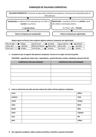 FORMAÇÃO DE PALAVRAS COMPOSTAS:

    PALAVRAS COMPOSTAS- Formaram-se pela junção (união) de duas palavras. O processo de composição pode ser
                                             efectuado por:


  Justaposição: as palavras ficam separadas por um hífen e     Aglutinação: as palavras juntam-se e perdem parte
                    mantêm a sua forma.                        das sílabas e acentuação própria.

                         Ex: guarda-chuva                                    Ex: Plano + alto - Planalto


                Palavra composta por justaposição                         Palavra composta por aglutinação


        Repara agora na forma como surgiram algumas palavras compostas por aglutinação
filho de algo          fidalgo        ponta do pé       pontapé        água ardente            aguardente
 plano alto              planalto     Monte do Santo     Monsanto      perna alta                pernalta
vinho acre             vinagre        cara de pau       carapau        vai e vem                 vaivém


    1. As palavras que se seguem são palavras compostas. Escreve-as no lugar correcto da grelha.

        PALAVRAS: aguardente, belas-artes, boquiaberto, guarda-florestal, vaivém, cabisbaixo, girassol, Rei-Sol

                    COMPOSTAS POR AGLUTINAÇÃO                          COMPOSTAS POR JUSTAPOSIÇÃO




    2. Junta os elementos de cada uma das colunas de modo a formar palavras compostas.

        arroz                                                                                      alface

        caixeiro                                                                                   raios

        verde                                                                                      tempo

        clara                                                                                      doce

        passa                                                                                      bóia

        meio                                                                                       viajante

        saca                                                                                       dia

        pára                                                                                       rolhas




    3. Dos seguintes vocábulos, indica a palavra primitiva e classifica-a quanto à formação:
 