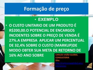 Formação de preço
               • EXEMPLO
• O CUSTO UNITARIO DE UM PRODUTO É
  R$200,00.O POTENCIAL DE ENCARGOS
  INCIDENTES SOBRE O PREÇO DE VENDA É
  27%.A EMPRESA APLICAR UM PERCENTUAL
  DE 32,4% SOBRE O CUSTO (MARKUP)DE
  MODO OBTER SUA META DE RETORNO DE
  16% AO ANO SOBRE        CARLOS VISÃO GLOBAL
                          CONSULTORIA
                            Site:
                            http://carlosvisaoglobal.wix.c
                            om/servico
 