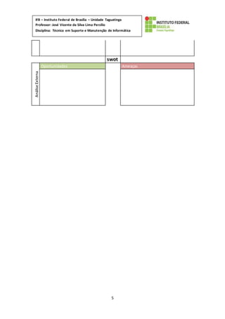 5
IFB – Instituto Federal de Brasília – Unidade Taguatinga
Professor: José Vicente da Silva Lima Percílio
Disciplina: Técnico em Suporte e Manutenção de Informática
Matéria: Empreendedorismo
swot
AnáliseExterna
Oportunidades Ameaças
 