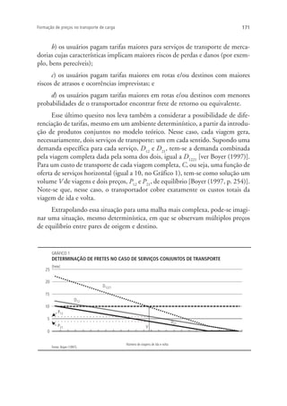 171Formação de preços no transporte de carga
b) os usuários pagam tarifas maiores para serviços de transporte de merca-
dorias cujas características implicam maiores riscos de perdas e danos (por exem-
plo, bens perecíveis);
c) os usuários pagam tarifas maiores em rotas e/ou destinos com maiores
riscos de atrasos e ocorrências imprevistas; e
d) os usuários pagam tarifas maiores em rotas e/ou destinos com menores
probabilidades de o transportador encontrar frete de retorno ou equivalente.
Esse último quesito nos leva também a considerar a possibilidade de dife-
renciação de tarifas, mesmo em um ambiente determinístico, a partir da introdu-
ção de produtos conjuntos no modelo teórico. Nesse caso, cada viagem gera,
necessariamente, dois serviços de transporte: um em cada sentido. Supondo uma
demanda específica para cada serviço, D12
e D21
, tem-se a demanda combinada
pela viagem completa dada pela soma dos dois, igual a D1221
[ver Boyer (1997)].
Para um custo de transporte de cada viagem completa, C, ou seja, uma função de
oferta de serviços horizontal (igual a 10, no Gráfico 1), tem-se como solução um
volume V de viagens e dois preços, P12
e P21
, de equilíbrio [Boyer (1997, p. 254)].
Note-se que, nesse caso, o transportador cobre exatamente os custos totais da
viagem de ida e volta.
Extrapolando essa situação para uma malha mais complexa, pode-se imagi-
nar uma situação, mesmo determinística, em que se observam múltiplos preços
de equilíbrio entre pares de origem e destino.
GRÁFICO 1
DETERMINAÇÃO DE FRETES NO CASO DE SERVIÇOS CONJUNTOS DE TRANSPORTE
[frete]
25
20
10
15
5
0
D1221
D12
D21
V
Número de viagens de ida e volta
P12
P21
Fonte: Boyer (1997).
 