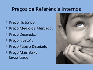 Preços de Referência Internos
• Preço Histórico;
• Preço Médio de Mercado;
• Preço Desejado;
• Preço “Justo”;
• Preço Futuro Desejado;
• Preço Mais Baixo
Encontrado.
 