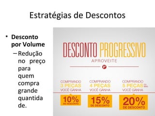 Estratégias de Descontos
• Desconto
por Volume
–Redução
no preço
para
quem
compra
grande
quantida
de.
 
