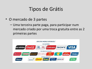 Tipos de Grátis
• O mercado de 3 partes
– Uma terceira parte paga, para participar num
mercado criado por uma troca gratuita entre as 2
primeiras partes
 