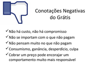 Conotações Negativas
do Grátis
Não há custo, não há compromisso
Não se importam com o que não pagam
Não pensam muito no que não pagam
Consumismo, ganância, desperdício, culpa
Cobrar um preço pode encorajar um
comportamento muito mais responsável
 