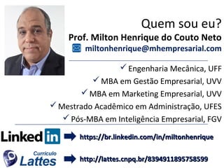 Quem sou eu?
Prof. Milton Henrique do Couto Neto
miltonhenrique@mhempresarial.com
Engenharia Mecânica, UFF
MBA em Gestão Empresarial, UVV
MBA em Marketing Empresarial, UVV
Mestrado Acadêmico em Administração, UFES
Pós-MBA em Inteligência Empresarial, FGV
http://lattes.cnpq.br/8394911895758599http://lattes.cnpq.br/8394911895758599
https://br.linkedin.com/in/miltonhenriquehttps://br.linkedin.com/in/miltonhenrique
 