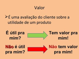 Valor
É uma avaliação do cliente sobre a
utilidade de um produto
É útil pra
mim?
Tem valor pra
mim!
NãoNão é útil
pra mim?
Não tem valor
pra mim!
 