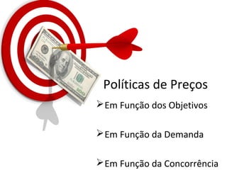 Políticas de Preços
Em Função dos Objetivos
Em Função da Demanda
Em Função da Concorrência
 
