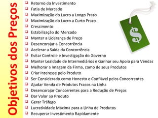 ObjetivosdosPreços
 Retorno do Investimento
 Fatia de Mercado
 Maximização do Lucro a Longo Prazo
 Maximização do Lucro a Curto Prazo
 Crescimento
 Estabilização do Mercado
 Manter a Liderança de Preço
 Desencorajar a Concorrência
 Acelerar a Saída da Concorrência
 Evitar Controle e Investigação do Governo
 Manter Lealdade de Intermediários e Ganhar seu Apoio para Vendas
 Melhorar a Imagem da Firma, como de seus Produtos
 Criar Interesse pelo Produto
 Ser Considerado como Honesto e Confiável pelos Concorrentes
 Ajudar Venda de Produtos Fracos na Linha
 Desencorajar Concorrentes para a Redução de Preços
 Dar Valor ao Produto
 Gerar Tráfego
 Lucratividade Máxima para a Linha de Produtos
 Recuperar Investimento Rapidamente
 