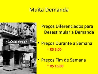 Muita Demanda
Preços Diferenciados para
Desestimular a Demanda
• Preços Durante a Semana
• R$ 5,00
• Preços Fim de Semana
• R$ 15,00
 