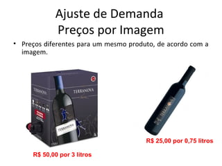 Ajuste de Demanda
Preços por Imagem
• Preços diferentes para um mesmo produto, de acordo com a
imagem.
R$ 50,00 por 3 litros
R$ 25,00 por 0,75 litros
 