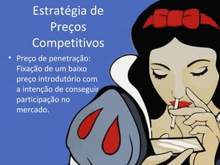 Estratégia de
Preços
Competitivos
• Preço de penetração:
Fixação de um baixo
preço introdutório com
a intenção de conseguir
participação no
mercado.
 
