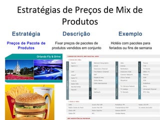 Estratégias de Preços de Mix de
Produtos
Estratégia Descrição Exemplo
Preços de Pacote de
Produtos
Fixar preços de pacotes de
produtos vendidos em conjunto
Hotéis com pacotes para
feriados ou fins de semana
 