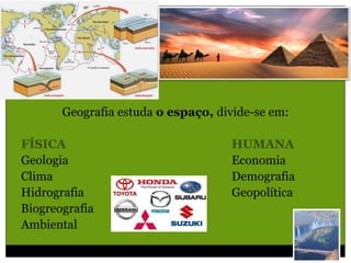 Geografia estuda o espaço, divide-se em:
FÍSICA HUMANA
Geologia Economia
Clima Demografia
Hidrografia Geopolítica
Biogreografia
Ambiental
 
