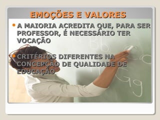 EMOÇÕES E VALORESEMOÇÕES E VALORES
A MAIORIA ACREDITA QUE, PARA SERA MAIORIA ACREDITA QUE, PARA SER
PROFESSOR, É NECESSÁRIO TERPROFESSOR, É NECESSÁRIO TER
VOCAÇÃOVOCAÇÃO
CRITÉRIOS DIFERENTES NACRITÉRIOS DIFERENTES NA
CONCEPÇÃO DE QUALIDADE DECONCEPÇÃO DE QUALIDADE DE
EDUCAÇÃOEDUCAÇÃO
 