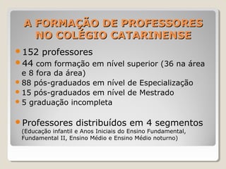 A FORMAÇÃO DE PROFESSORESA FORMAÇÃO DE PROFESSORES
NO COLÉGIO CATARINENSENO COLÉGIO CATARINENSE
152 professores
44 com formação em nível superior (36 na área
e 8 fora da área)
88 pós-graduados em nível de Especialização
15 pós-graduados em nível de Mestrado
5 graduação incompleta
Professores distribuídos em 4 segmentos
(Educação infantil e Anos Iniciais do Ensino Fundamental,
Fundamental II, Ensino Médio e Ensino Médio noturno)
 