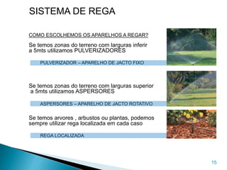 COMO ESCOLHEMOS OS APARELHOS A REGAR?
Se temos zonas do terreno com larguras inferir
a 5mts utilizamos PULVERIZADORES
PULVERIZADOR – APARELHO DE JACTO FIXO
Se temos zonas do terreno com larguras superior
a 5mts utilizamos ASPERSORES
ASPERSORES – APARELHO DE JACTO ROTATIVO
Se temos arvores , arbustos ou plantas, podemos
sempre utilizar rega localizada em cada caso
REGA LOCALIZADA
15
SISTEMA DE REGA
 