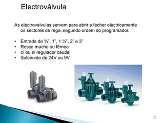 25
Electroválvula
As electrovalvulas servem para abrir e fecher electricamente
os sectores de rega, segundo ordem do programador.
• Entrada de ¾”, 1”, 1 ½”, 2” e 3”
• Rosca macho ou fêmea
• c/ ou s/ regulador caudal
• Solenoide de 24V ou 9V
 
