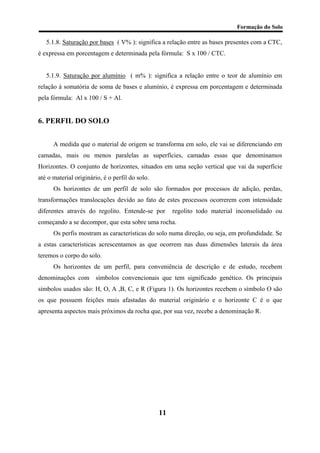 Formação do Solo 
5.1.8. Saturação por bases ( V% ): significa a relação entre as bases presentes com a CTC, é expressa em porcentagem e determinada pela fórmula: S x 100 / CTC. 
5.1.9. Saturação por alumínio ( m% ): significa a relação entre o teor de alumínio em relação à somatória de soma de bases e alumínio, é expressa em porcentagem e determinada pela fórmula: Al x 100 / S + Al. 
6. PERFIL DO SOLO 
A medida que o material de origem se transforma em solo, ele vai se diferenciando em camadas, mais ou menos paralelas as superfícies, camadas essas que denominamos Horizontes. O conjunto de horizontes, situados em uma seção vertical que vai da superfície até o material originário, é o perfil do solo. 
Os horizontes de um perfil de solo são formados por processos de adição, perdas, transformações translocações devido ao fato de estes processos ocorrerem com intensidade diferentes através do regolito. Entende-se por regolito todo material inconsolidado ou começando a se decompor, que esta sobre uma rocha. 
Os perfis mostram as características do solo numa direção, ou seja, em profundidade. Se a estas características acrescentamos as que ocorrem nas duas dimensões laterais da área teremos o corpo do solo. 
Os horizontes de um perfil, para conveniência de descrição e de estudo, recebem denominações com símbolos convencionais que tem significado genético. Os principais símbolos usados são: H, O, A ,B, C, e R (Figura 1). Os horizontes recebem o símbolo O são os que possuem feições mais afastadas do material originário e o horizonte C é o que apresenta aspectos mais próximos da rocha que, por sua vez, recebe a denominação R. 
11 
 