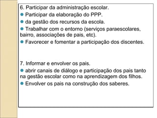 6. Participar da administração escolar. Participar da elaboração do PPP. da gestão dos recursos da escola. Trabalhar com o entorno (serviços paraescolares, bairro, associações de pais, etc). Favorecer e fomentar a participação dos discentes. 7. Informar e envolver os pais. abrir canais de diálogo e participação dos pais tanto na gestão escolar como na aprendizagem dos filhos. Envolver os pais na construção dos saberes. 