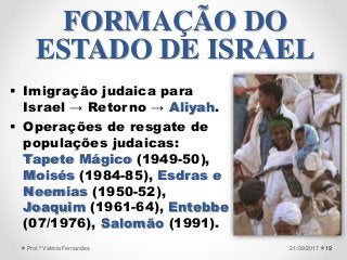  Imigração judaica para
Israel → Retorno → Aliyah.
 Operações de resgate de
populações judaicas:
Tapete Mágico (1949-50),
Moisés (1984-85), Esdras e
Neemias (1950-52),
Joaquim (1961-64), Entebbe
(07/1976), Salomão (1991).
1921/09/2017Prof.ª Valéria Fernandes
FORMAÇÃO DO
ESTADO DE ISRAEL
 