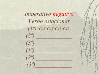 Imperativo negativo
  Verbo estacionar
  (1ª) xxxxxxxxxxxx
 (2ª) ____________
 (3ª) ____________
 (1ª) ____________
 (2ª) ____________
 (3ª)____________
 