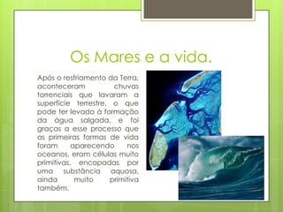 Os Mares e a vida.
Após o resfriamento da Terra,
aconteceram           chuvas
torrenciais que lavaram a
superfície terrestre, o que
pode ter levado à formação
da água salgada, e foi
graças a esse processo que
as primeiras formas de vida
foram      aparecendo     nos
oceanos, eram células muito
primitivas, encapadas por
uma substância aquosa,
ainda       muito    primitiva
também.
 