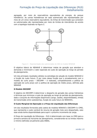 Formação do Preço da Liquidação das Diferenças (PLD)
Detalhamento
7 versão 1.0
agregada, por meio de reservatórios equivalentes de energia, do parque
hidrelétrico. As usinas hidrelétricas de cada submercado são representadas por
meio de um único reservatório equivalente. As linhas de transmissão que conectam
os submercados são representadas por meio de limites de intercâmbio de acordo
com a topologia ilustrada na figura 2.
Figura 2 – Representação dos submercados do SIN no modelo NEWAVE
O objetivo básico do NEWAVE é determinar metas de geração que atendam a
demanda e minimizem o valor esperado do custo de operação ao longo do período
de planejamento.
Um dos principais resultados obtidos na estratégia de solução do modelo NEWAVE é
a função de custo futuro. É por meio dessa função que o encadeamento com o
modelo de curto prazo – DECOMP – é realizado, compatibilizando a política de
operação de curto prazo com a política de operação de médio prazo, definida pelo
NEWAVE
O Modelo DECOMP
O objetivo do DECOMP é determinar o despacho de geração das usinas hidráulicas
e térmicas que minimiza o custo de operação ao longo do período de planejamento,
dado o conjunto de informações disponíveis (carga, vazões, disponibilidades, limites
de transmissão entre subsistemas, função de custo futuro do NEWAVE).
O Custo Marginal de Operação e o Preço de Liquidação das Diferenças
Um dos resultados fornecidos pela cadeia de modelos NEWAVE e DECOMP é o CMO,
que representa o custo variável do recurso de geração mais caro despachado, caso
esse ainda tenha disponibilidade para suprir o próximo incremento de carga.
O Preço de Liquidação da Diferenças - PLD é determinado com base no CMO para a
primeira semana do horizonte de planejamento, considerando-se os limites máximo
e mínimo definidos anualmente pela ANEEL.
 