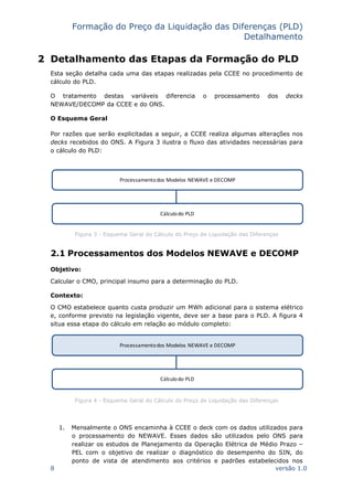 Formação do Preço da Liquidação das Diferenças (PLD)
Detalhamento
8 versão 1.0
2 Detalhamento das Etapas da Formação do PLD
Esta seção detalha cada uma das etapas realizadas pela CCEE no procedimento de
cálculo do PLD.
O tratamento destas variáveis diferencia o processamento dos decks
NEWAVE/DECOMP da CCEE e do ONS.
O Esquema Geral
Por razões que serão explicitadas a seguir, a CCEE realiza algumas alterações nos
decks recebidos do ONS. A Figura 3 ilustra o fluxo das atividades necessárias para
o cálculo do PLD:
Figura 3 - Esquema Geral do Cálculo do Preço de Liquidação das Diferenças
2.1 Processamentos dos Modelos NEWAVE e DECOMP
Objetivo:
Calcular o CMO, principal insumo para a determinação do PLD.
Contexto:
O CMO estabelece quanto custa produzir um MWh adicional para o sistema elétrico
e, conforme previsto na legislação vigente, deve ser a base para o PLD. A figura 4
situa essa etapa do cálculo em relação ao módulo completo:
Figura 4 - Esquema Geral do Cálculo do Preço de Liquidação das Diferenças
1. Mensalmente o ONS encaminha à CCEE o deck com os dados utilizados para
o processamento do NEWAVE. Esses dados são utilizados pelo ONS para
realizar os estudos de Planejamento da Operação Elétrica de Médio Prazo –
PEL com o objetivo de realizar o diagnóstico do desempenho do SIN, do
ponto de vista de atendimento aos critérios e padrões estabelecidos nos
Processamentodos Modelos NEWAVE e DECOMP
Cálculodo PLD
Processamentodos Modelos NEWAVE e DECOMP
Cálculodo PLD
 