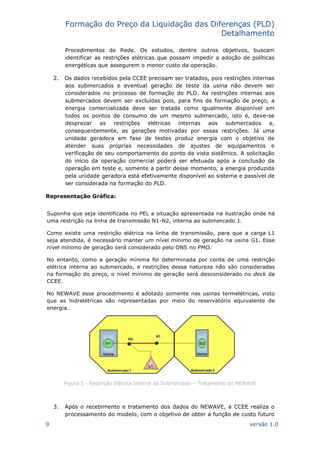 Formação do Preço da Liquidação das Diferenças (PLD)
Detalhamento
9 versão 1.0
Procedimentos de Rede. Os estudos, dentre outros objetivos, buscam
identificar as restrições elétricas que possam impedir a adoção de políticas
energéticas que assegurem o menor custo da operação.
2. Os dados recebidos pela CCEE precisam ser tratados, pois restrições internas
aos submercados e eventual geração de teste da usina não devem ser
considerados no processo de formação do PLD. As restrições internas aos
submercados devem ser excluídas pois, para fins de formação de preço, a
energia comercializada deve ser tratada como igualmente disponível em
todos os pontos de consumo de um mesmo submercado, isto é, deve-se
desprezar as restrições elétricas internas aos submercados e,
consequentemente, as gerações motivadas por essas restrições. Já uma
unidade geradora em fase de testes produz energia com o objetivo de
atender suas próprias necessidades de ajustes de equipamentos e
verificação de seu comportamento do ponto de vista sistêmico. A solicitação
do início da operação comercial poderá ser efetuada após a conclusão da
operação em teste e, somente a partir desse momento, a energia produzida
pela unidade geradora está efetivamente disponível ao sistema e passível de
ser considerada na formação do PLD.
Representação Gráfica:
Figura 5 - Restrição Elétrica Interna ao Submercado – Tratamento do NEWAVE
3. Após o recebimento e tratamento dos dados do NEWAVE, a CCEE realiza o
processamento do modelo, com o objetivo de obter a função de custo futuro
Suponha que seja identificada no PEL a situação apresentada na ilustração onde há
uma restrição na linha de transmissão N1-N2, interna ao submercado 1.
Como existe uma restrição elétrica na linha de transmissão, para que a carga L1
seja atendida, é necessário manter um nível mínimo de geração na usina G1. Esse
nível mínimo de geração será considerado pelo ONS no PMO.
No entanto, como a geração mínima foi determinada por conta de uma restrição
elétrica interna ao submercado, e restrições dessa natureza não são consideradas
na formação do preço, o nível mínimo de geração será desconsiderado no deck da
CCEE.
No NEWAVE esse procedimento é adotado somente nas usinas termelétricas, visto
que as hidrelétricas são representadas por meio do reservatório equivalente de
energia.
 