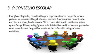3. O CONSELHO ESCOLAR 
• É órgão colegiado, constituído por representantes de professores, 
pais ou responsável legal, alunos, demais funcionários da unidade 
escolar e a direção da escola. Têm como atribuição deliberar sobre 
questões político-pedagógicas, administrativas e financeiras, gerando 
uma nova forma de gestão, onde as decisões são integradas e 
coletivas. 
 