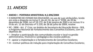 11. ANEXOS 
• ANEXO I - PORTARIA MINISTERIAL N.2.896/2004 
• O MINISTRO DE ESTADO DA EDUCAÇÃO, no uso de suas atribuições, tendo 
em vista o disposto no inciso II, do art.14, da Lei n° 9394, de 20 de 
dezembro de 1996, Lei nº 10.172, de 9 de janeiro de 2001 e os incisos VI e 
IX do art. 11 do Decreto nº 5.159, de 28 de julho de 2004, resolve 
• Nº - 2896 - Art. 1° Criar, no âmbito da Secretaria de Educação Básica - SEB, 
o Programa Nacional de Fortalecimento dos Conselhos Escolares, com os 
objetivos de: 
• I - Ampliar a participação das comunidades escolar e local na gestão 
administrativa, financeira e pedagógica das escolas públicas; 
• II - apoiar a implantação e o fortalecimento de Conselhos Escolares; 
• III - instituir políticas de indução para implantação de Conselhos Escolares; 
 