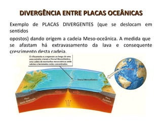 DIVERGÊNCIA ENTRE PLACAS OCEÂNICASDIVERGÊNCIA ENTRE PLACAS OCEÂNICAS
Exemplo de PLACAS DIVERGENTES (que se deslocam em
sentidos
opostos) dando origem a cadeia Meso-oceânica. A medida que
se afastam há extravasamento da lava e consequente
crescimento desta cadeia.
 