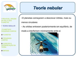 Teoria nebular O planetas começaram a descrever órbitas, mais ou menos circulares As orbitas entraram posteriormente em equilíbrio, de modo a interferirem minimamente entre si PROVÁVEL ORIGEM DO SOL E DOS PLANETAS  TEORIA NEBULAR PLANETAS E PEQUENOS CORPOS PLANETAS PEQUENOS CORPOS ACREÇÃO E DIFERENCIAÇÃO DA TERRA SÍNTESE 