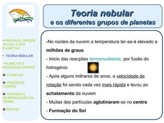 Teoria nebular  e os diferentes grupos de planetas No núcleo da nuvem a temperatura ter-se-à elevado a  milhões de graus Inicio das reacções  termonucleares,  por fusão do hidrogénio Após alguns milhares de anos, a  velocidade de rotação  foi sendo cada vez  mais rápida  e levou ao  achatamento  da nuvem Muitas das partículas  aglutinaram -se no  centro Formação do Sol PROVÁVEL ORIGEM DO SOL E DOS PLANETAS  TEORIA NEBULAR PLANETAS E PEQUENOS CORPOS PLANETAS PEQUENOS CORPOS ACREÇÃO E DIFERENCIAÇÃO DA TERRA SÍNTESE 