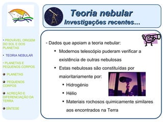 Teoria nebular  Investigações recentes… Dados que apoiam a teoria nebular: Modernos telescópio puderam verificar a existência de outras nebulosas Estas nebulosas são constituídas por maioritariamente por: Hidrogénio Hélio Materiais rochosos quimicamente similares aos encontrados na Terra PROVÁVEL ORIGEM DO SOL E DOS PLANETAS  TEORIA NEBULAR PLANETAS E PEQUENOS CORPOS PLANETAS PEQUENOS CORPOS ACREÇÃO E DIFERENCIAÇÃO DA TERRA SÍNTESE 
