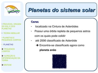 Ceres localizado na Cintura de Asteróides Possui uma órbita repleta de pequenos astros com os quais pode colidir até 2006 classificado de Asteróide    Encontra-se classificado agora como  planeta anão Planetas do sistema solar PROVÁVEL ORIGEM DO SOL E DOS PLANETAS  TEORIA NEBULAR PLANETAS E PEQUENOS CORPOS PLANETAS PEQUENOS CORPOS ACREÇÃO E DIFERENCIAÇÃO DA TERRA SÍNTESE 
